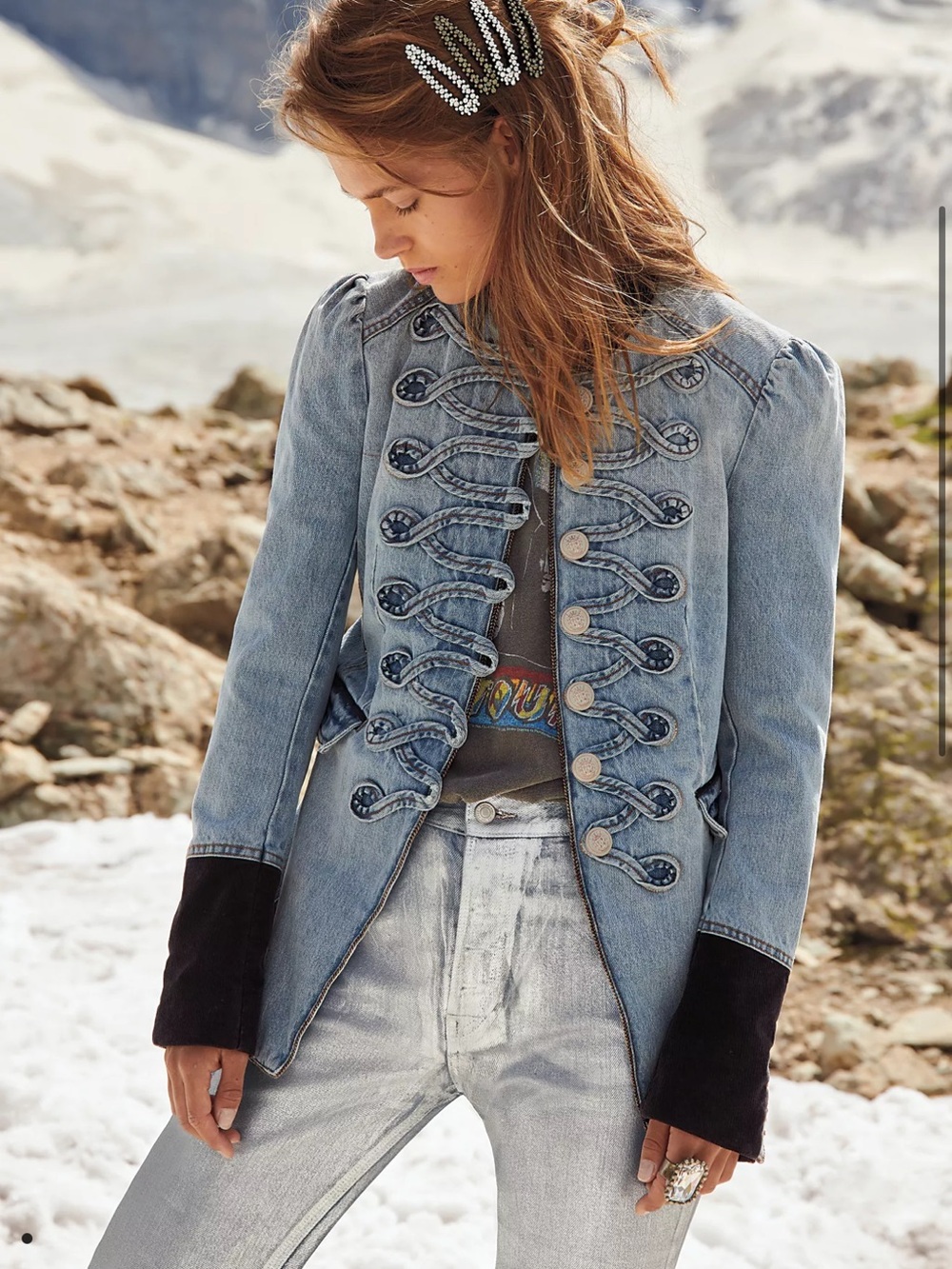 Free People Denim Seamed And Structured Military Jacket L
